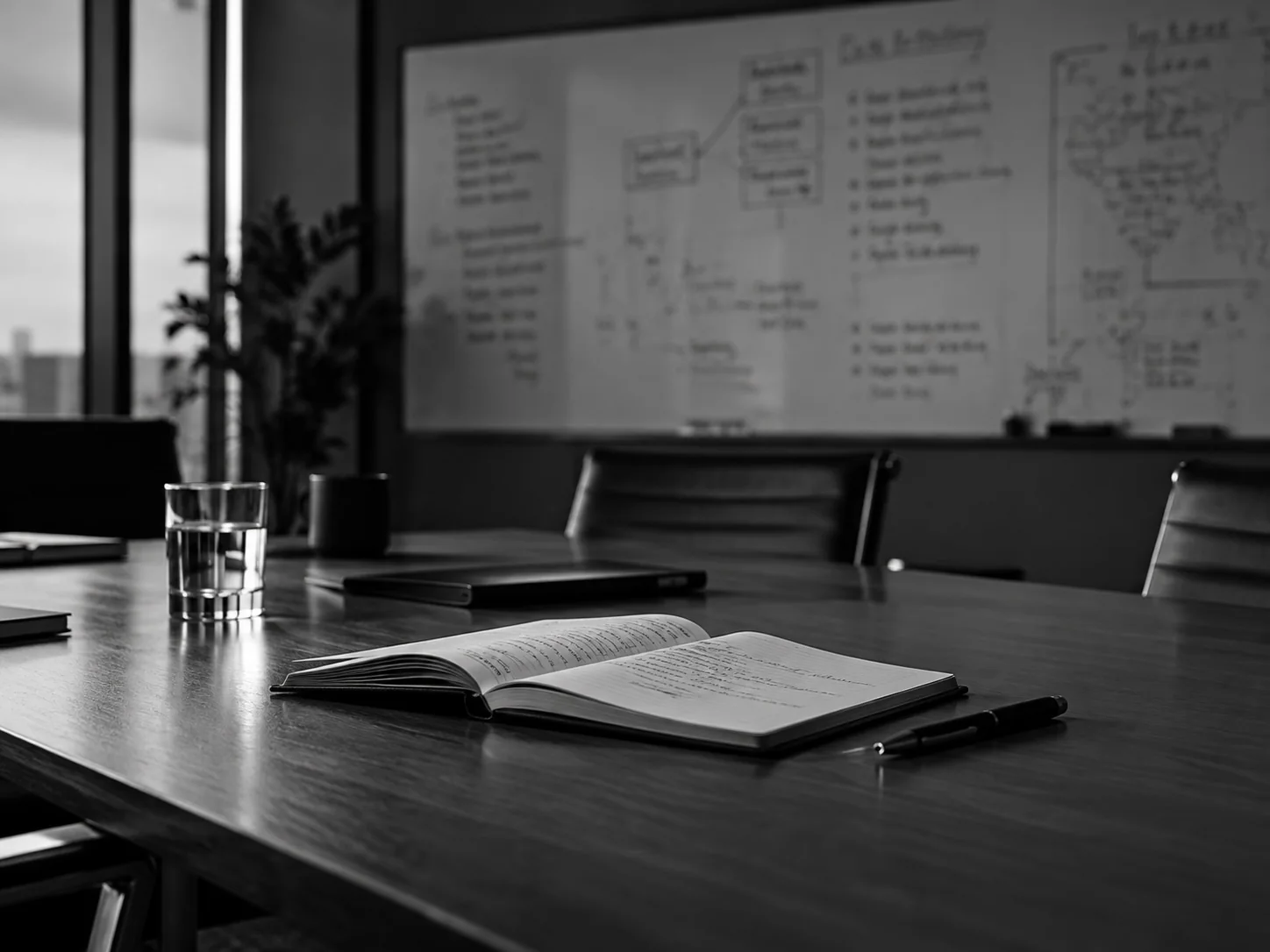 Besprechungstisch mit Notizbuch und Whiteboard