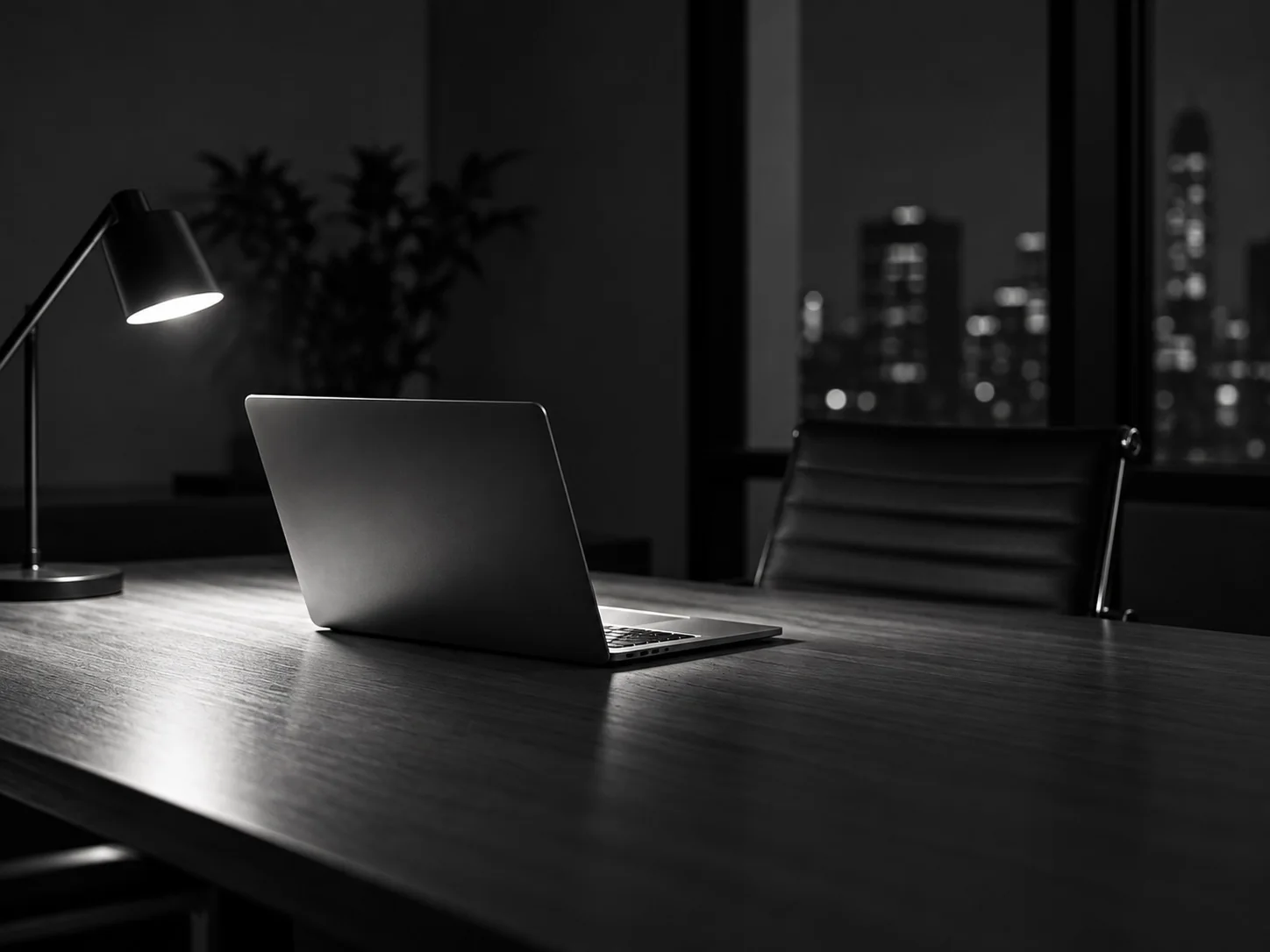 Laptop auf einem beleuchteten Schreibtisch am Abend