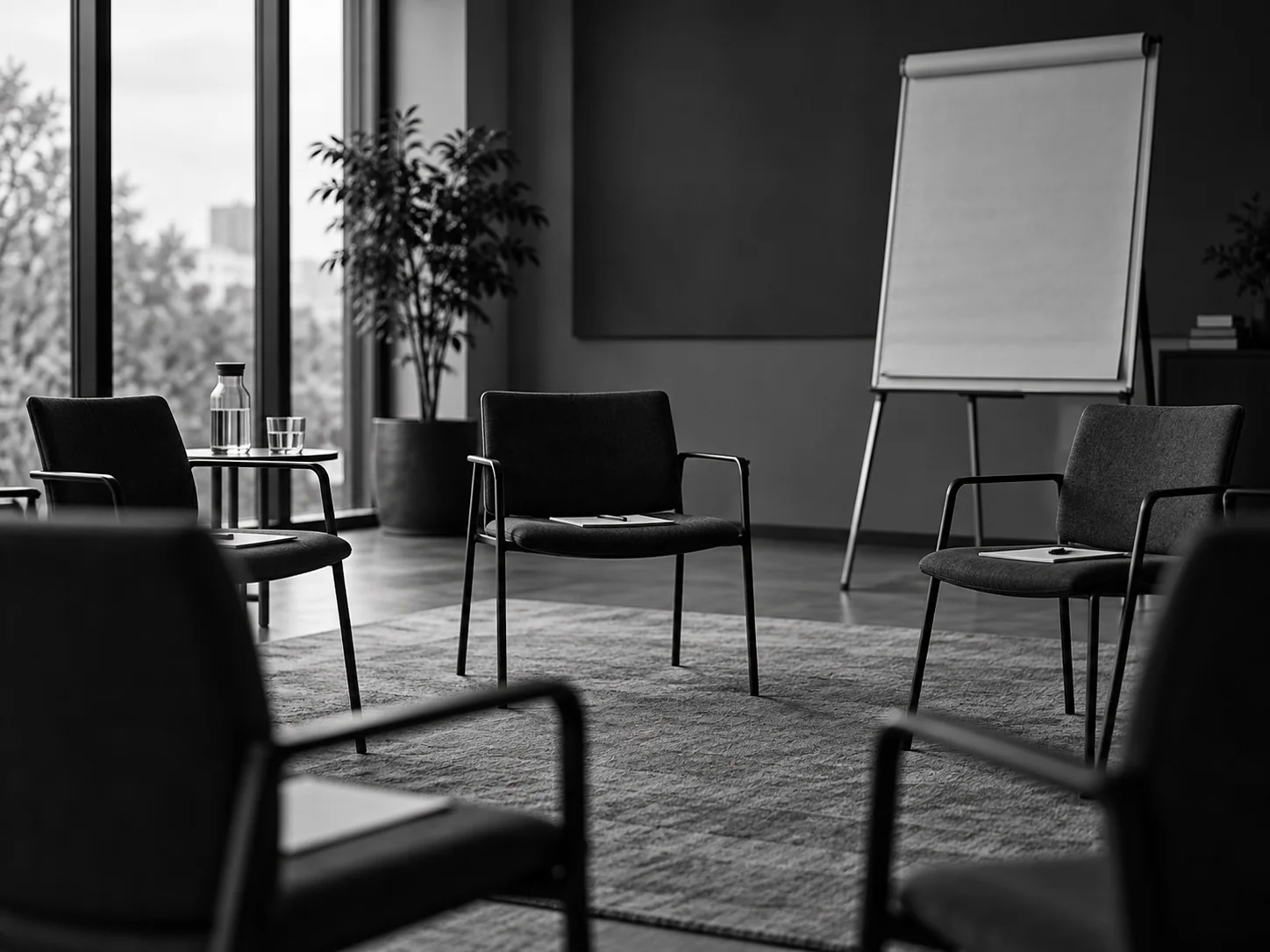 Seminarraum mit Stuhlkreis und Flipchart